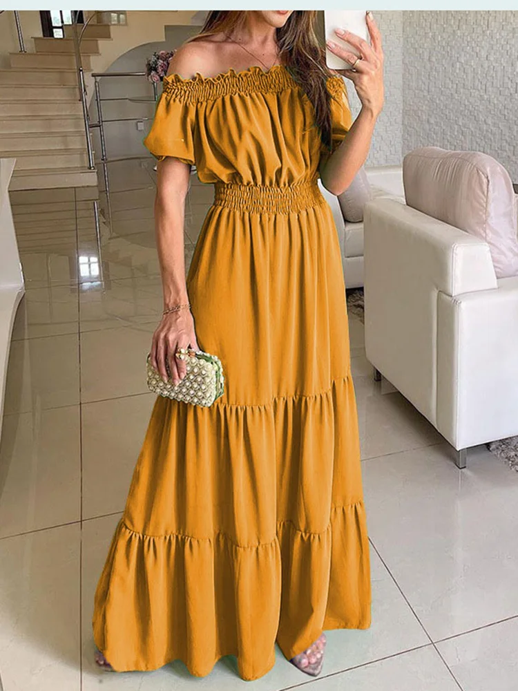 deanwangkt Women Slash Neck Maxi Dresses Summer Solid Casual Loose Short Sleeve Ruffle Dress Female Beach Party Long Dresses Elegant Robe - Deanwangkt