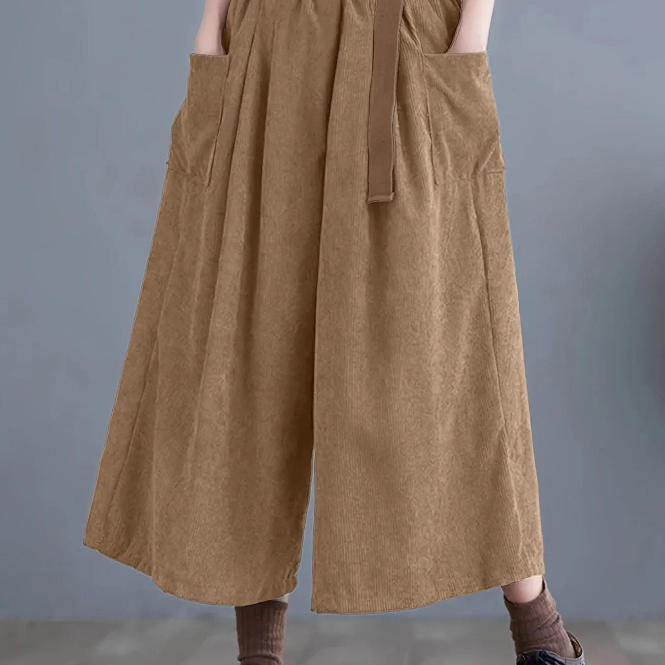 Solid Cropped Wide Leg Pants, Casual Corduroy Pants With Pocket, Women's Clothing - Deanwangkt