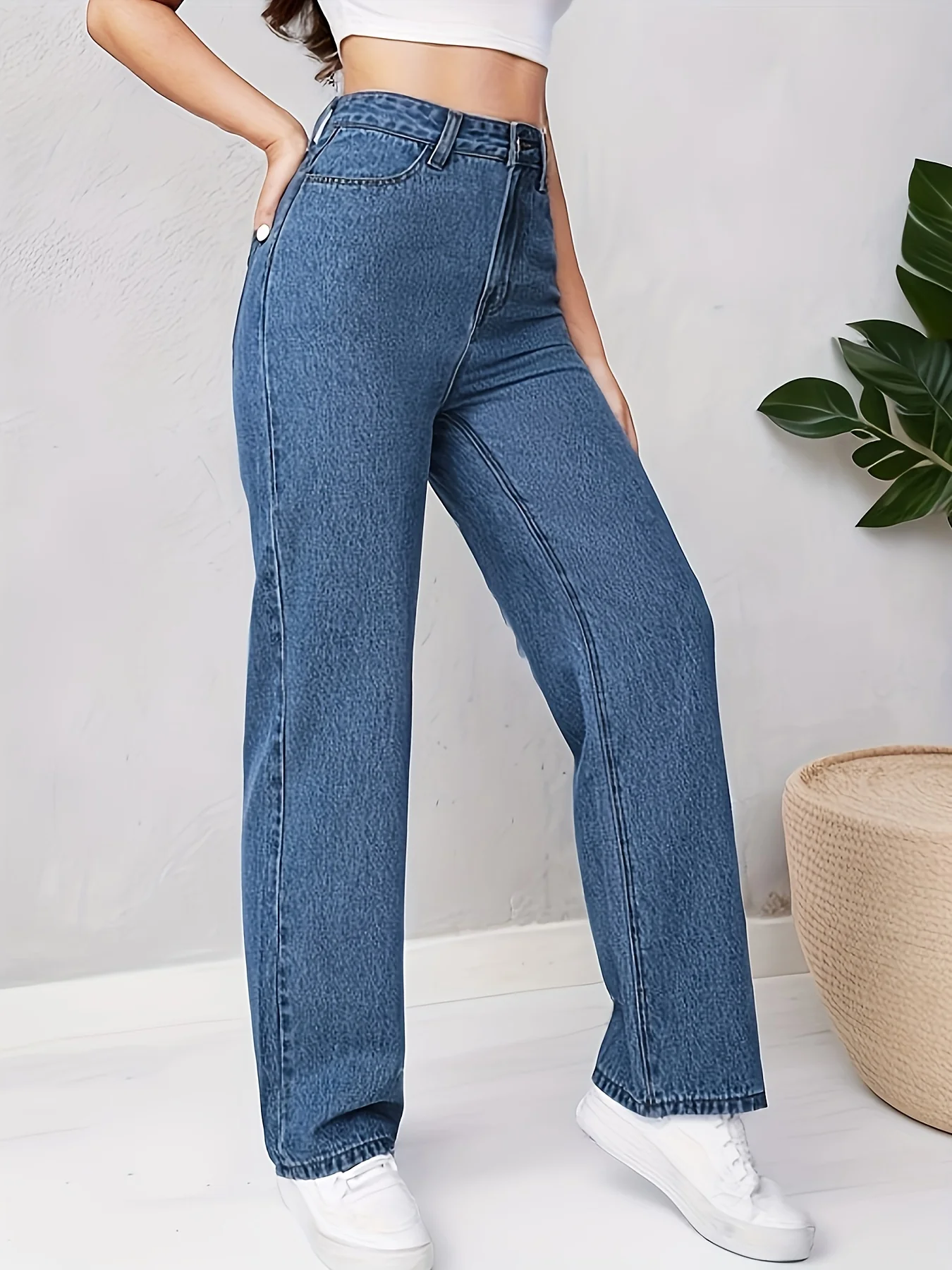Blue Loose Fit Straight Jeans, High Waist Non-Stretch Slash Pockets Denim Pants, Women's Denim Jeans & Clothing - Deanwangkt