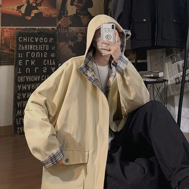 deanwangkt Women Denim Jackets Solid Hooded Zip Up Patchwork Plaid Coats Couples High Street Cargo Jacket Baggy Oversized Outerwear Ins - Deanwangkt