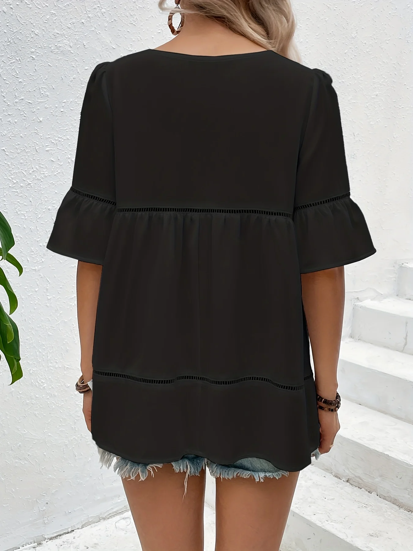 Solid Ruffle Trim Blouse, Vacation Cut Out Crew Neck Summer Blouse, Women's Clothing - Deanwangkt