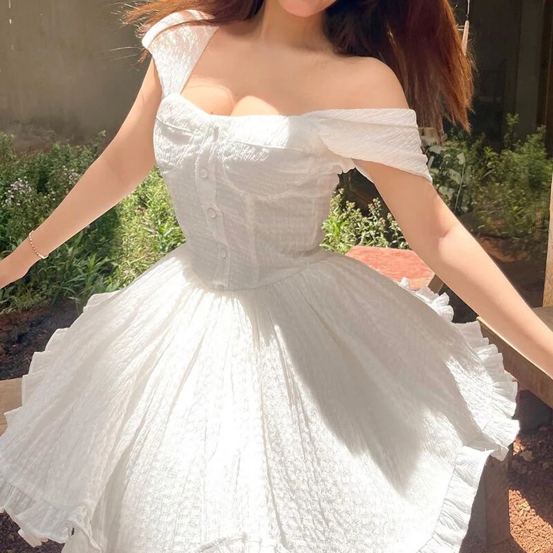 deanwangkt Sexy Summer Short Sleeve Dress Women Casual Ruffle Elegant Fashion Dresses One Word Collar Off Shoulder Party Beach Dress - Deanwangkt