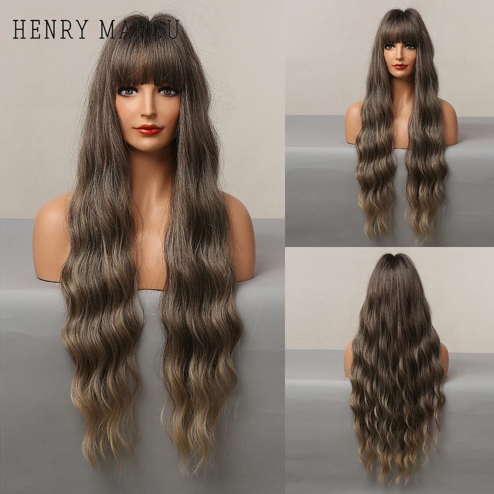 Pure Blonde Synthetic Hair Wigs Long Water Wave Wig for Women Colored Cosplay Lolita Wig with Bangs Heat Resistant - Deanwangkt