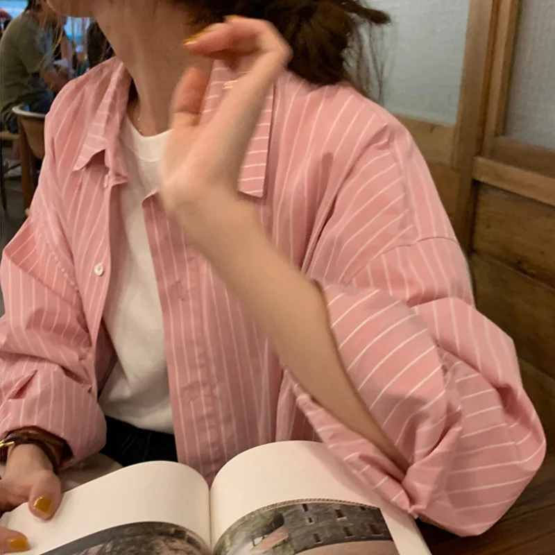 deanwangkt Pink Striped Shirts for Women Spring Summer Korean Loose Turn Down Collar Long Sleeve Tops Casual Harajuku Blouses - Deanwangkt