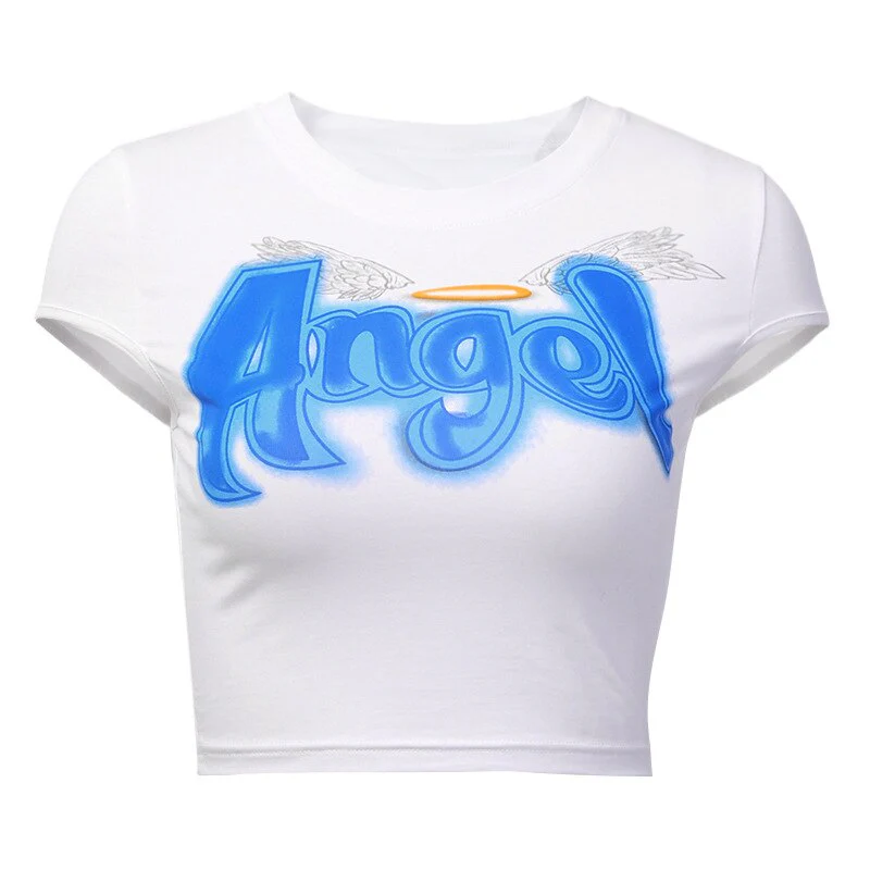Letter Print Crop Top Graphic T Shirts O Neck Sexy Top Women Short Sleeve T-Shirts Fairy Grunge Slim Basic Baby Tees Y2K Clothes - Deanwangkt