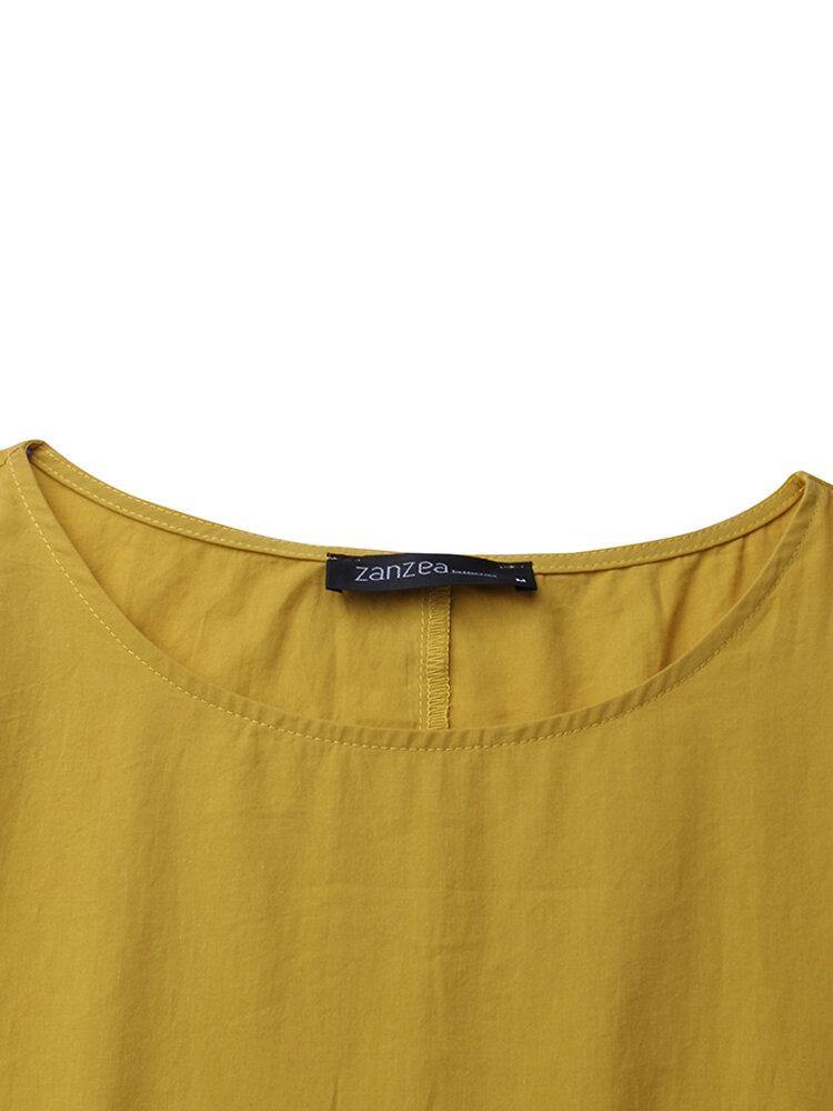 deanwangkt Cotton Women Solid Color Ruffles Round Neck Short Sleeve Casual Dresses - Deanwangkt