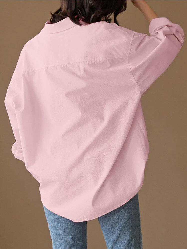 deanwangkt Loose Solid Turn-Down-Collar Full Sleeve Retro Women Blouse - Deanwangkt