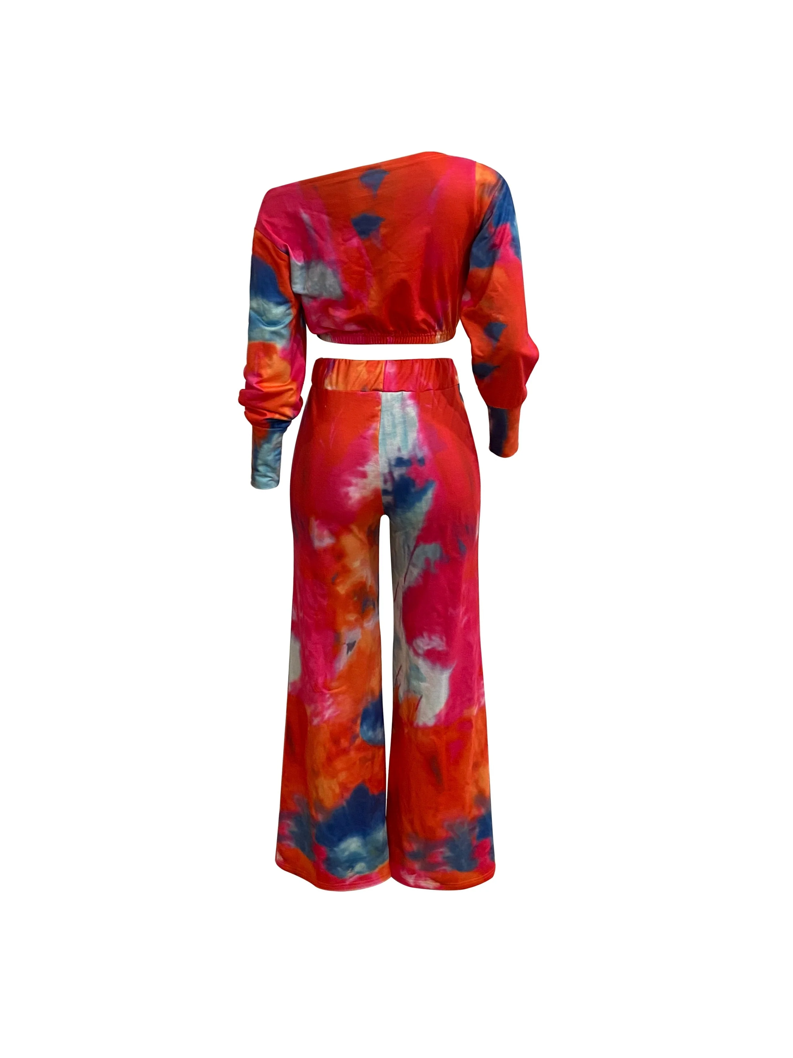 Casual Tie Dye Two-piece Set, Long Sleeve Crop Top & Drawstring Wide Leg Pants Outfits, Women's Clothing - Deanwangkt
