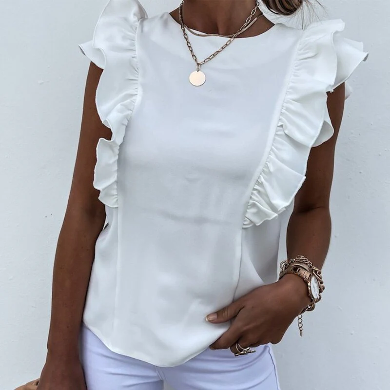 deanwangkt Elegant Women Solid Ruffle Blouses Shirts Sexy Back Hollow Out Tie-Up Bow Shirt Tops Office Lady O Neck Sleeveless Design Blusas - Deanwangkt