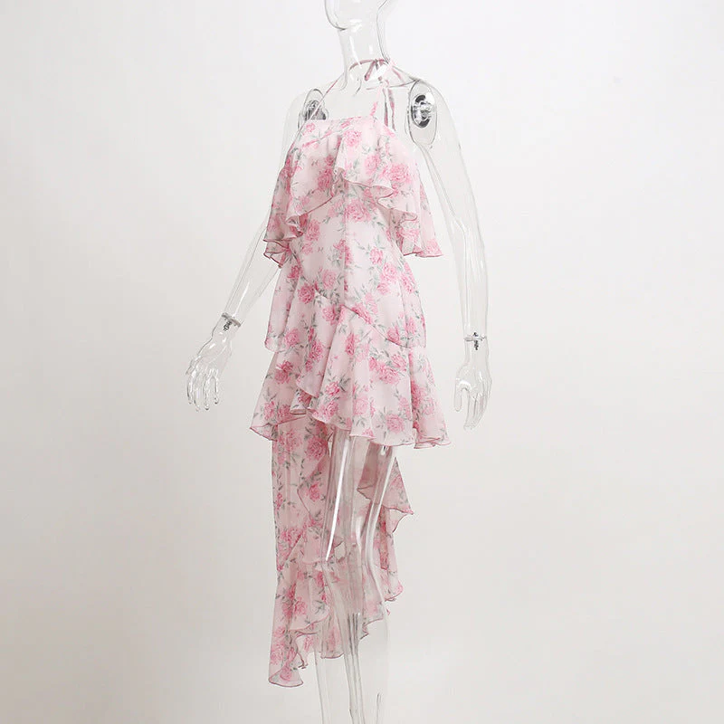 deanwangkt  Floral Print Spaghetti Strap Dresses Mini Women Sexy Backless Halter Neck Spring Summer Ruffle Casual Beach Dress - Deanwangkt