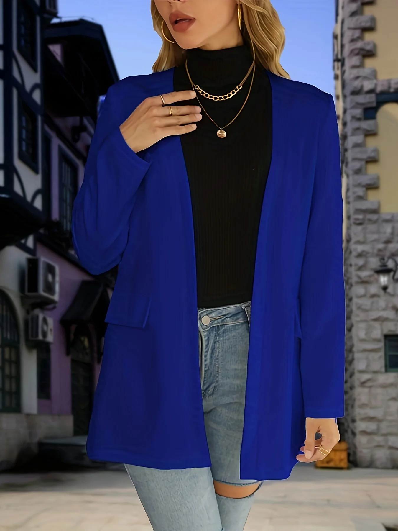 deanwangkt-1 Solid Open Front Blazer, Casual Long Sleeve Work Office Outerwear, Women's Clothing - Deanwangkt