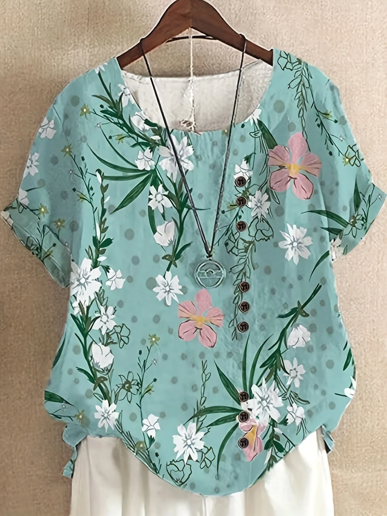 Dandelion Print Button Front Blouse, Casual Short Sleeve Blouse For Spring & Summer, Women's Clothing - Deanwangkt