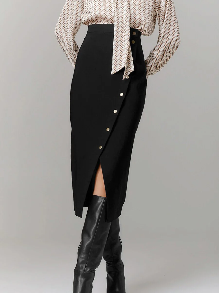Joskka Vintage Slit Skirts Elegant Women  High Waist A-Line Skirts Office Ladies Black Midi Skirts Chic New Fall Dress - Deanwangkt