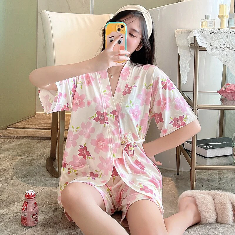 deanwangkt Summer Short pink Pajamas For Women Cute Girl Sleepwear Kimono Pajama Sets Pyjamas Casual Sleepwear Homewear Lounge Fashion - Deanwangkt