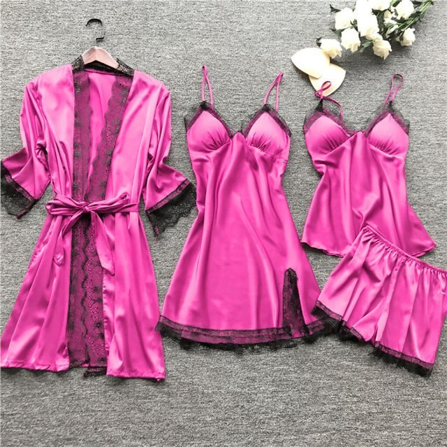 deanwangkt 4 Pieces  Women Pajamas Sets Satin Sleepwear Silk Nightwear Pyjama Soild Strap Lace Sleep Lounge Pijama With Chest Pads - Deanwangkt