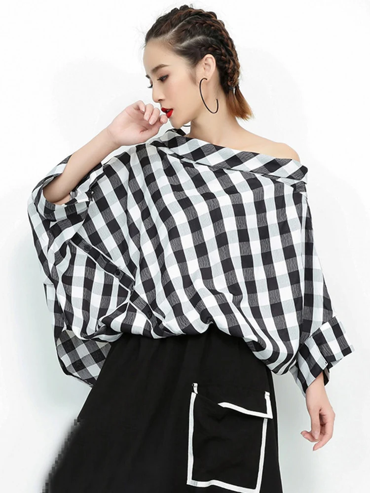 deanwangkt Women Black Plaid Big Size Blouse New Slash Neck Threequarter Sleeve Loose Fit Shirt Fashion Spring Autumn  JF93801 - Deanwangkt