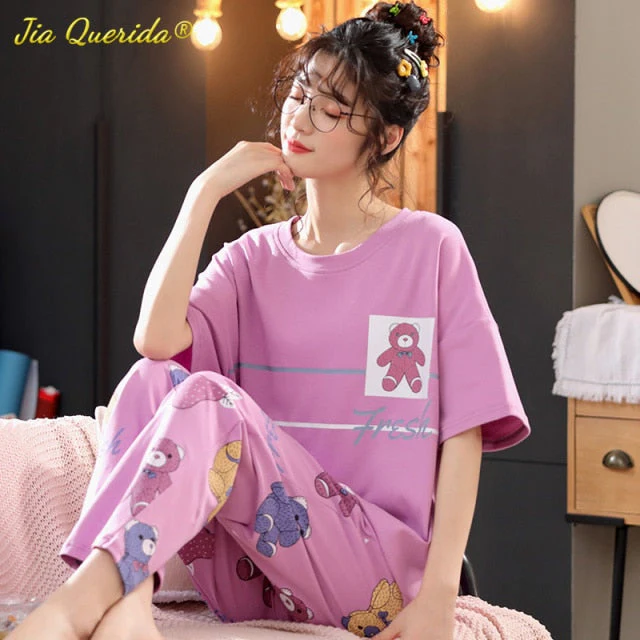 deanwangkt Summer Home Clothing M-5XL Big Size Ladies's Pajamas Green Patchwork Sleeves Cartoon Printing Plus Size Women's Sleepwear - Deanwangkt