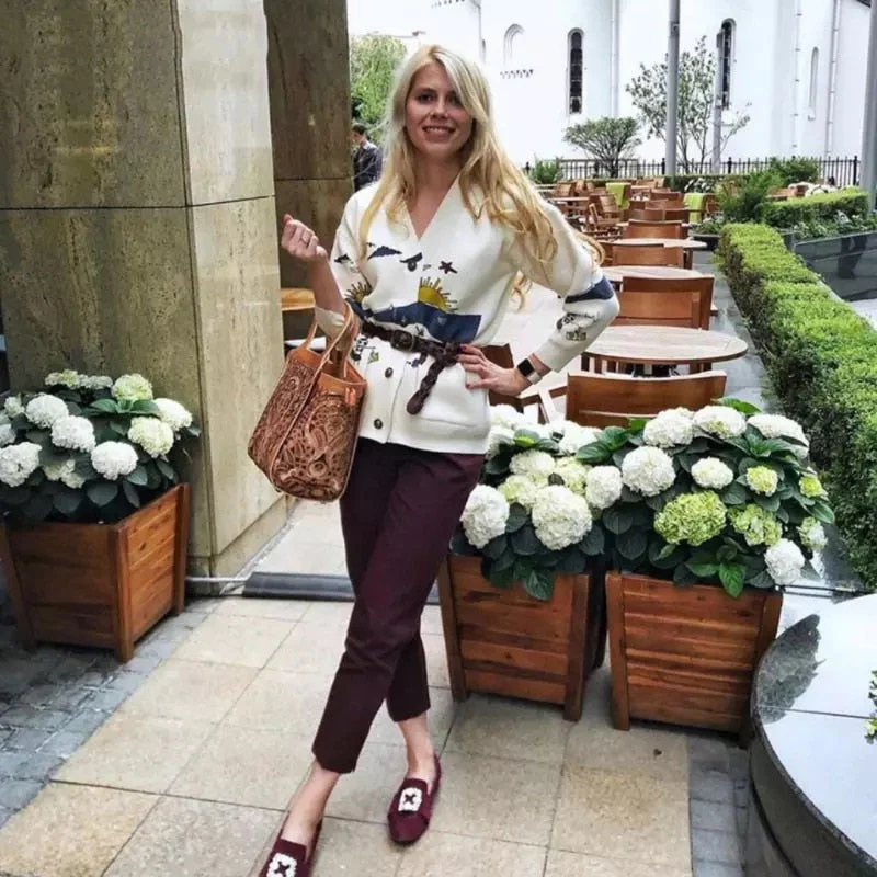 deanwangkt Autumn White Cotton Knitted Cardigan Sweater Women Coat  Print V-neck deanwangkt Pockets Female Jumpers Casaul Buttons Women Tops - Deanwangkt