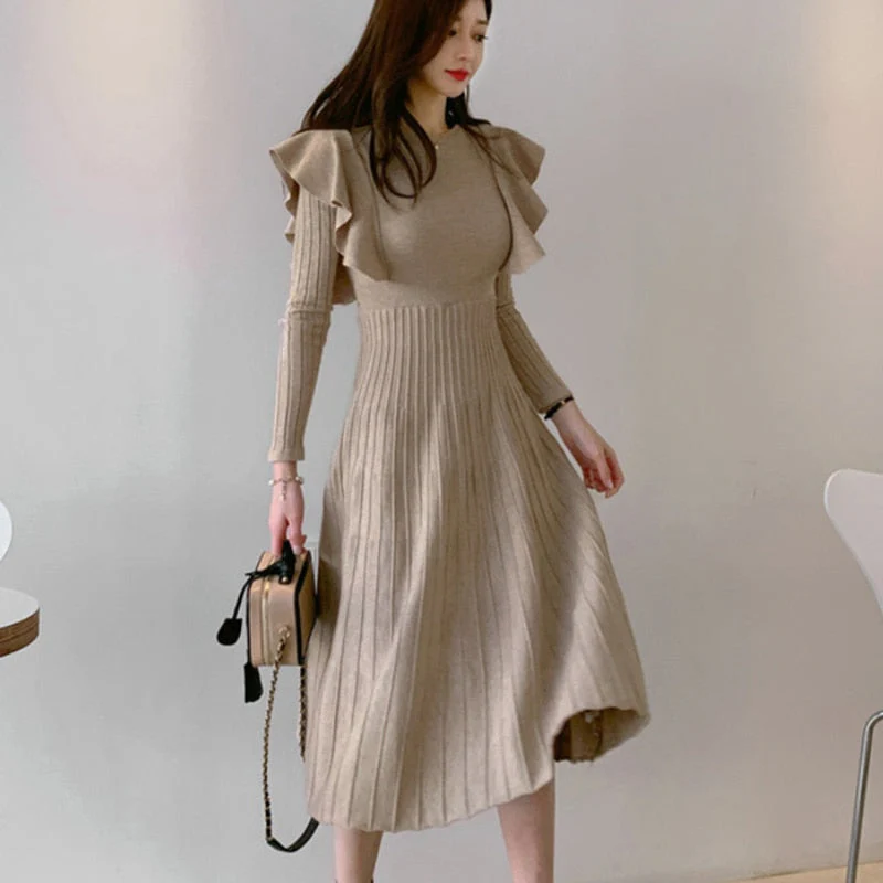 deanwangkt Vintage Elegant O-Neck Female Thicken Knit Long Dress Slim Full Sleeve Ruffles Women Sweater Dresses Vestidos Autumn Winter - Deanwangkt