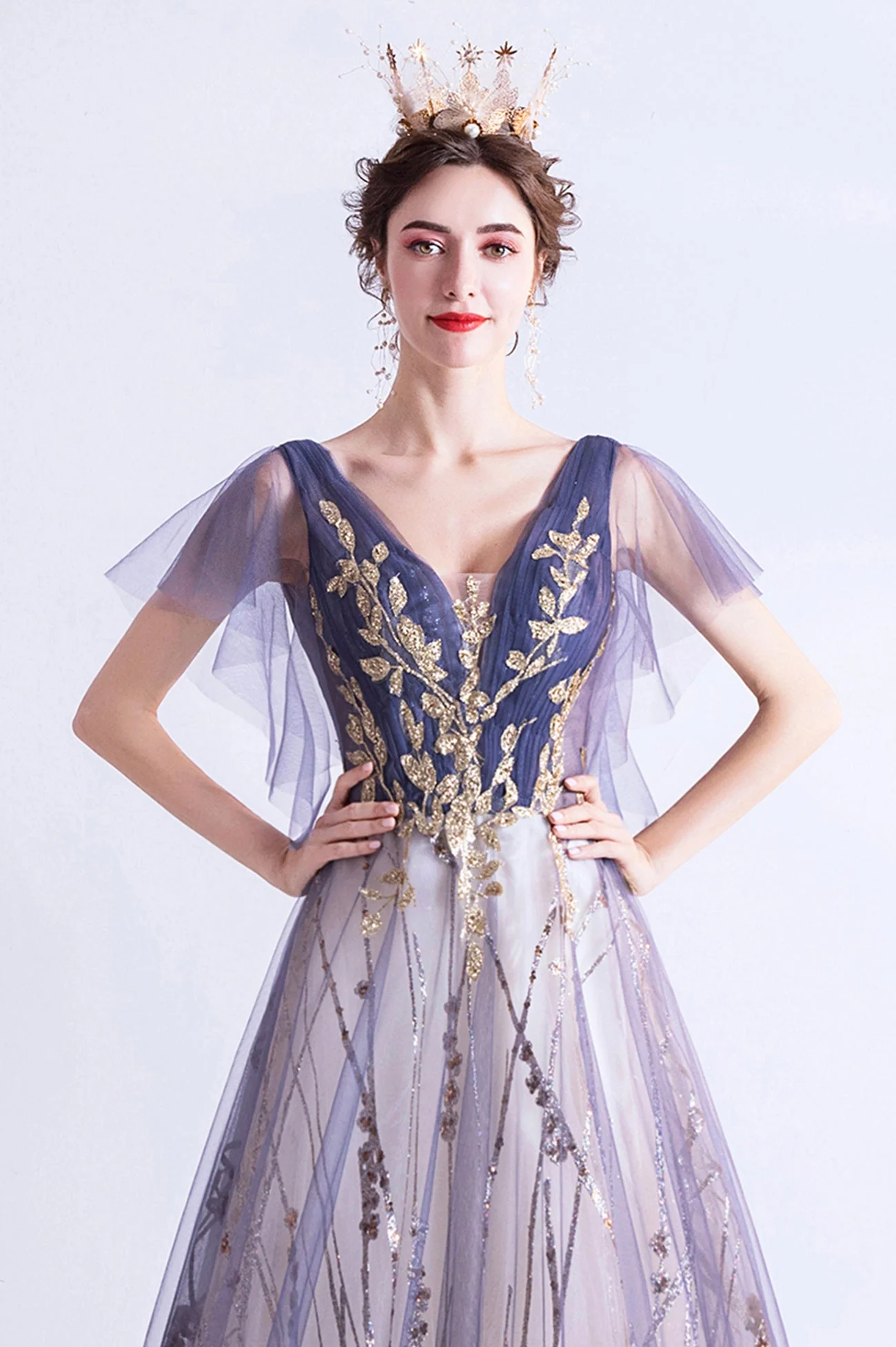 solvbao Purple V-Neck Tulle Sequins Long Prom Dresses, A-Line Evening Dresses - Deanwangkt