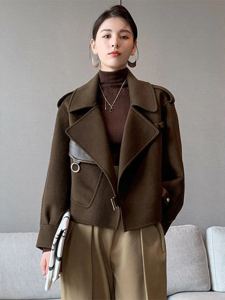 deanwangkt Women's Autumn Coat  Pockets Solid Loose Short Jackets Ladies Wool & Blends High Street Spring Woolen Coats for Women - Deanwangkt