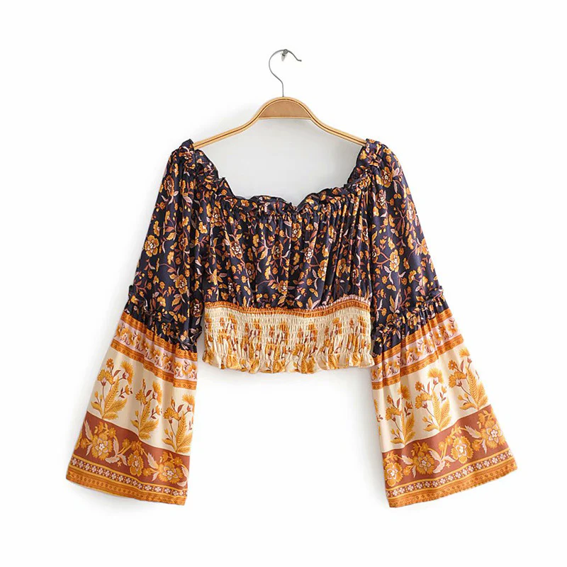 deanwangkt Fashion Boho Vacation Summer Print Women One-Word Collar Flared Sleeve Short Blouses Crop Top + High-Waist Wide-Leg Pants - Deanwangkt