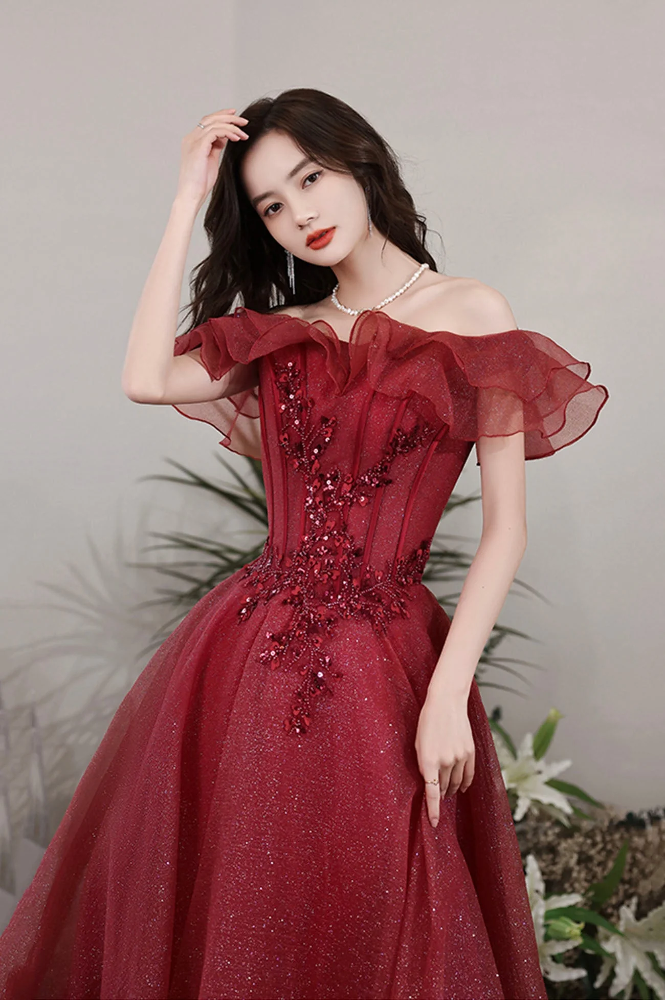 solvbao Burgundy Off the Shoulder Tulle Long Formal Dresses, A-Line Evening Dresses - Deanwangkt