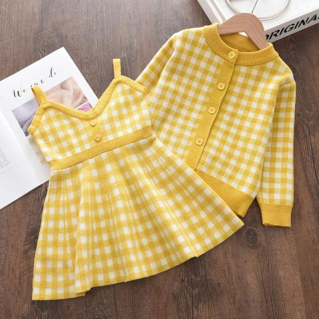 deanwangkt Bear Leader Kids Christmas Sweet Knitwear Suits Girls Baby Plaid Sweaters Coats Suspender Dress Outfits Princess Clothes Sets - Deanwangkt