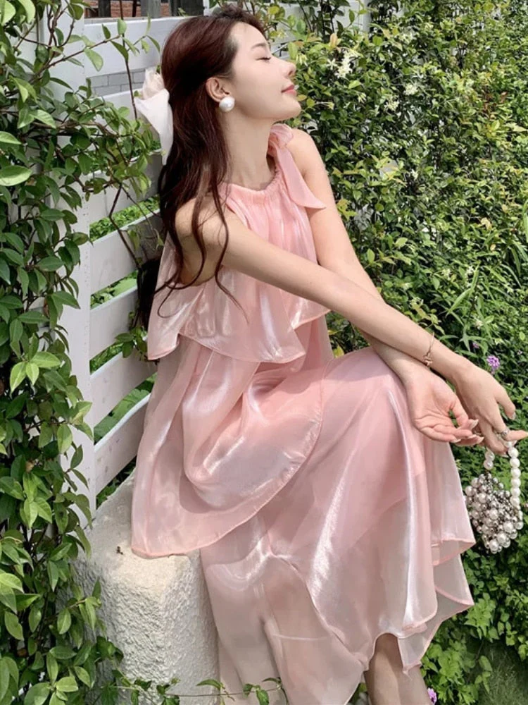 deanwangkt Elegant Sweet Sleeveless Dress Women Layered Ruffles High Waist Beach Holiday Dresses Casual Fashion Princess Sundress - Deanwangkt