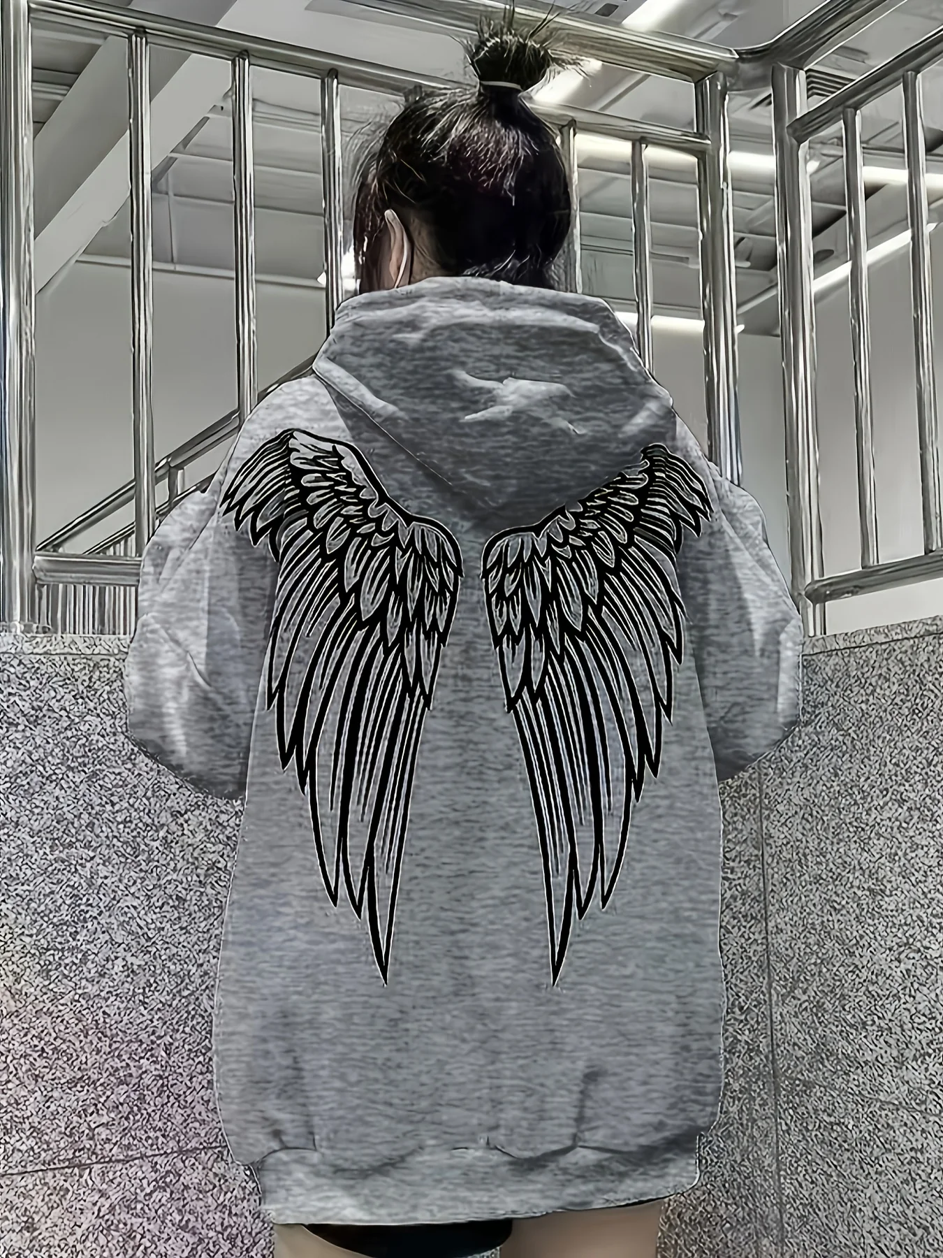 Wings Print Back Hoodies, Casual Drawstring Kangaroo Pocket Sweatshirt, Women's Clothing - Deanwangkt