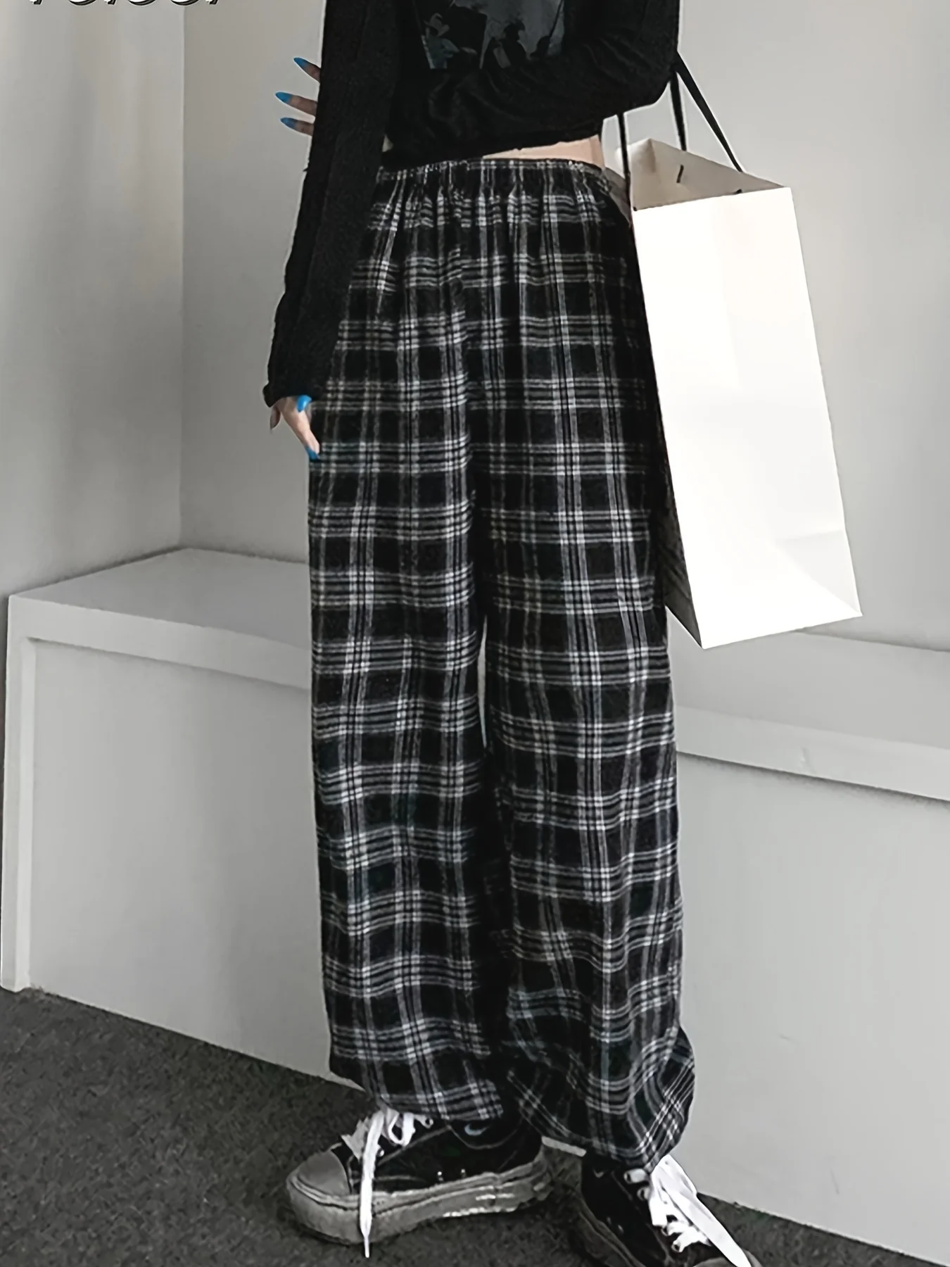 Plus Size Casual Pants, Women's Plus Plaid Print Elastic High Rise Wide Leg Trousers With Pockets - Deanwangkt