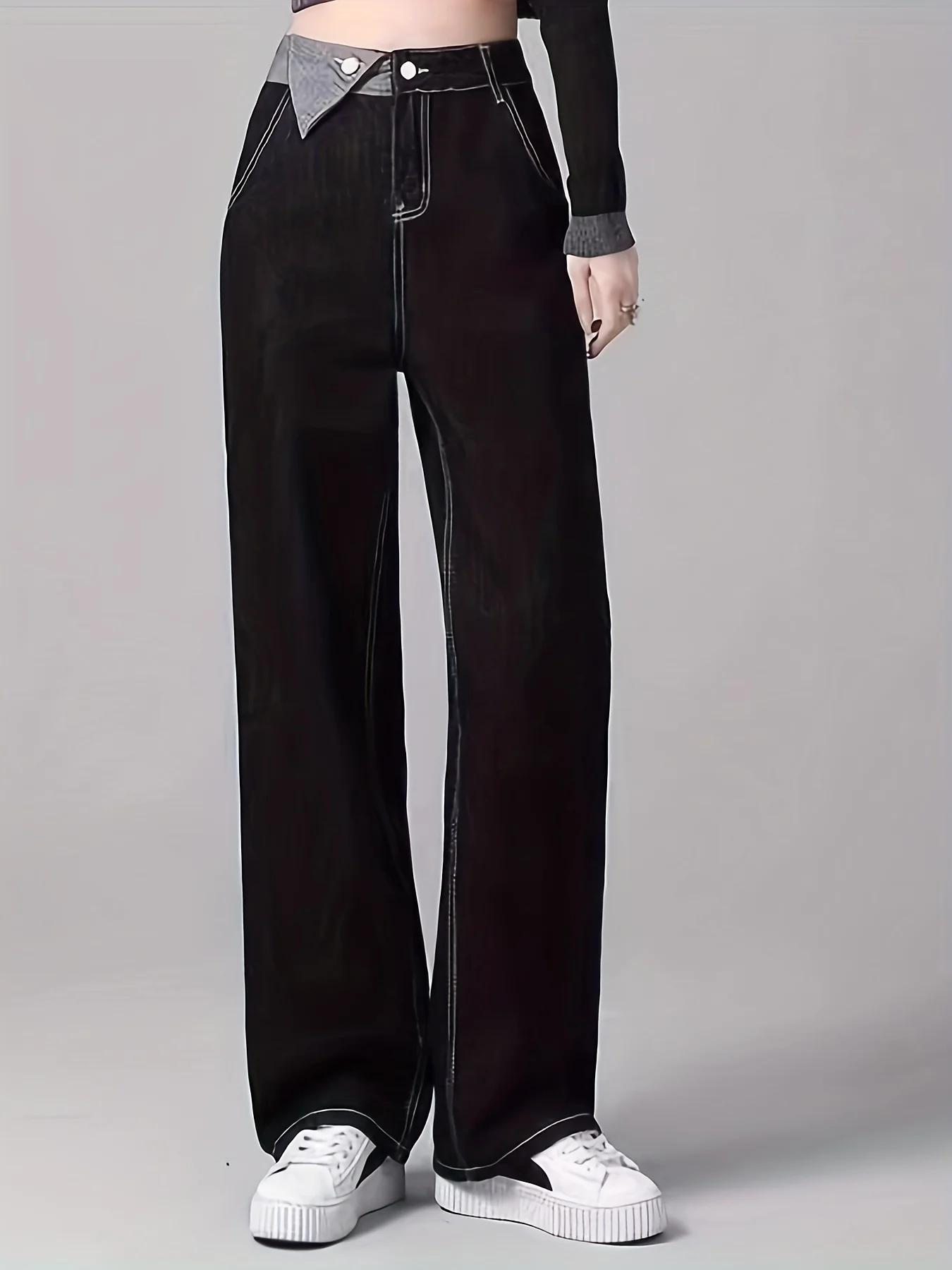 Black Loose Fit Straight Jeans, Non-Stretch High Waist Casual Denim Trousers, Women's Denim Jeans & Clothing - Deanwangkt