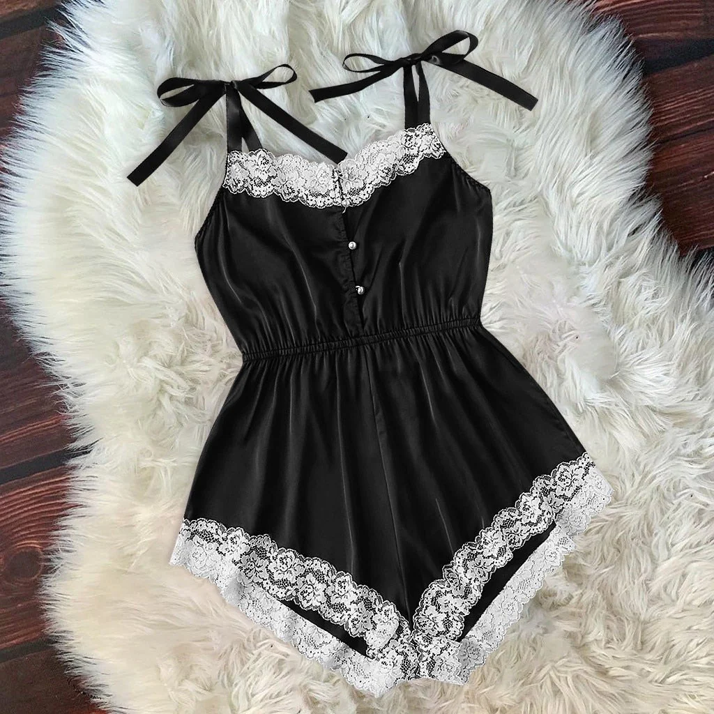 deanwangkt Ladies Sexy Silk Satin Pajama Set Lace Pyjama Set Sleeveless Pijama Set V-neck Sleepwear Summer Home Wear Sleep Wear For Women#W - Deanwangkt