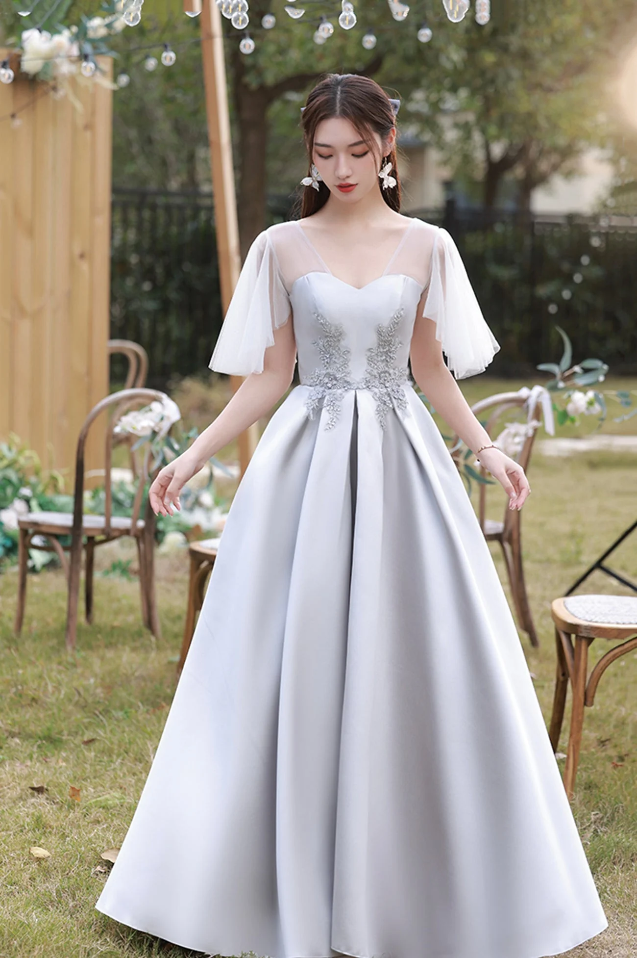 solvbao Gray Saitn Lace Long Prom Dress, A-Line Evening Dress - Deanwangkt