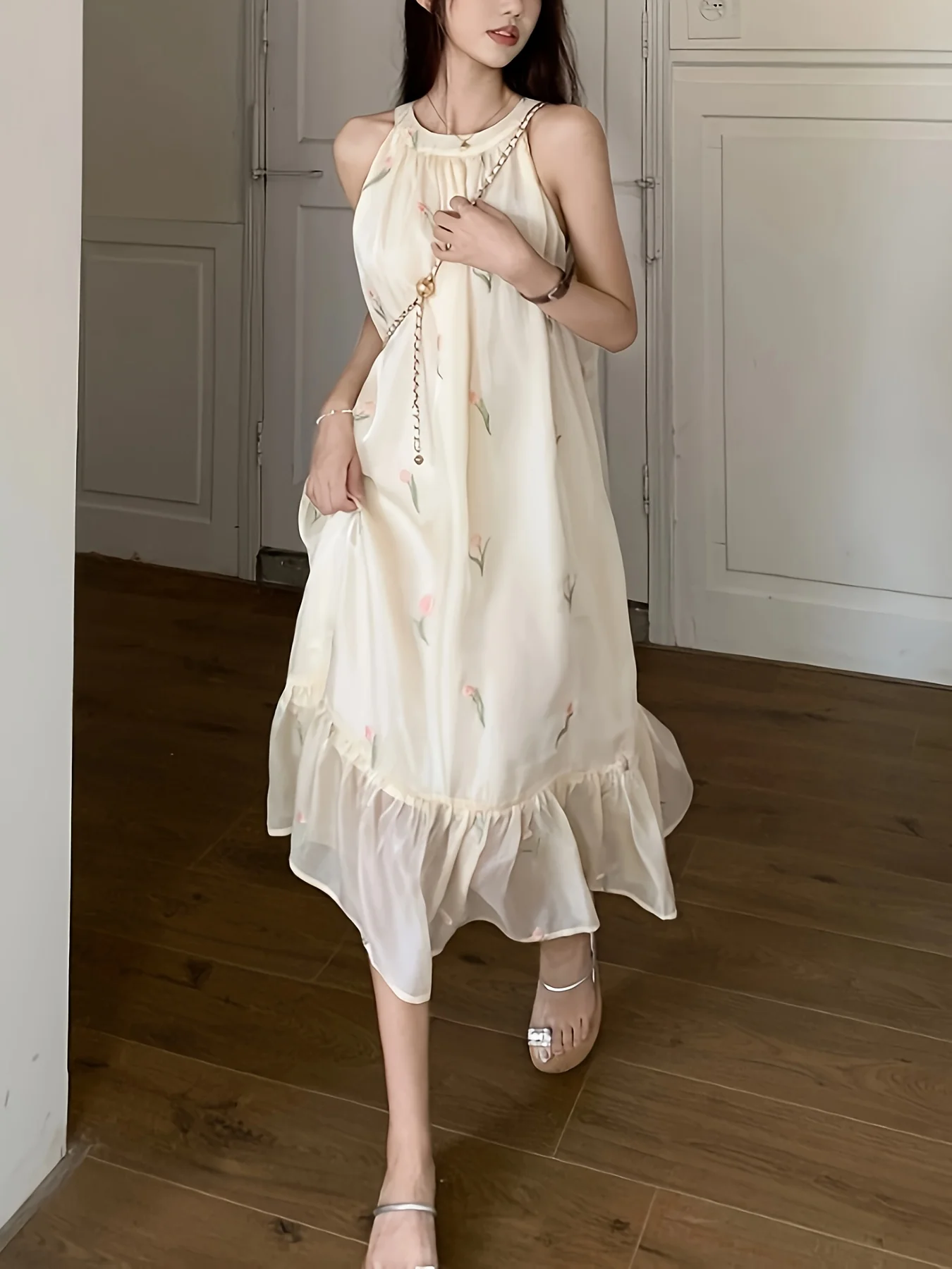 deanwangkt  Floral Pattern Halter Neck Dress, Elegant Sleeveless Ruffle Hem Dress For Spring & Summer, Women's Clothing - Deanwangkt