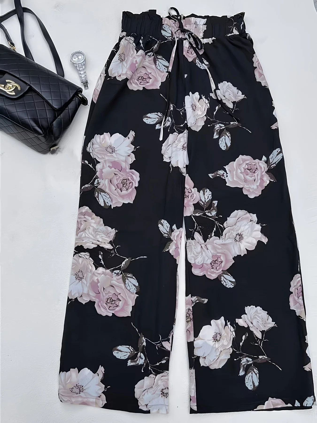 Plus Size Casual Pants, Women's Plus Floral Print Drawstring High Rise Slight Stretch Comfortable Wide Leg Pants - Deanwangkt