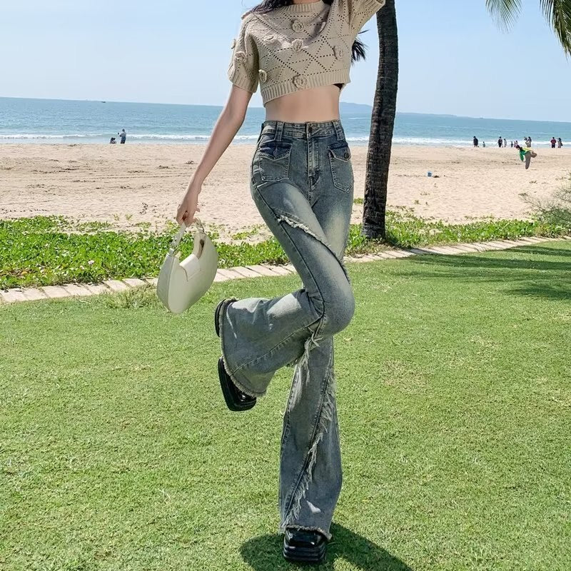 deanwangkt Versatile Japanese Pants, Spring And Autumn Trends, Dark Micro Flared Pants, Minimalist Literary Jeans, High Waisted Fashion - Deanwangkt