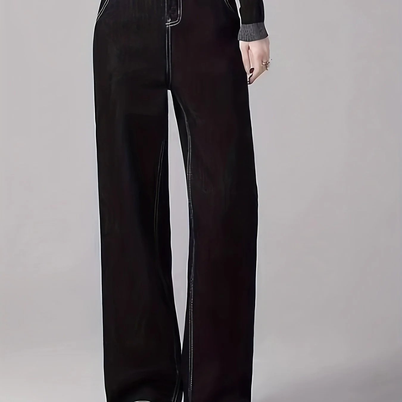 Black Loose Fit Straight Jeans, Non-Stretch High Waist Casual Denim Trousers, Women's Denim Jeans & Clothing - Deanwangkt