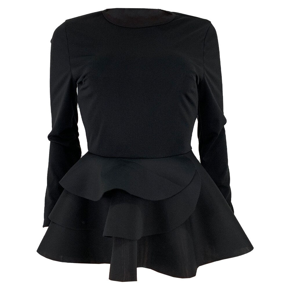 Wenkouban Long Sleeve White Ruffle Hem T-Shirt Autumn Women Tops Office Lady Winter Casual Peplum Tops Elegant Black Red Female New Tees - Deanwangkt