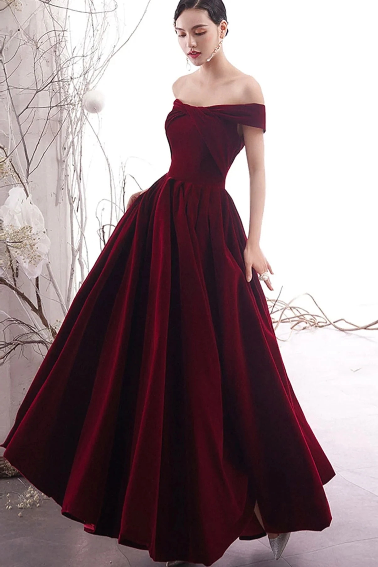 solvbao Burgundy Velvet Long Prom Dresses, Off the Shoulder Evening Dresses - Deanwangkt