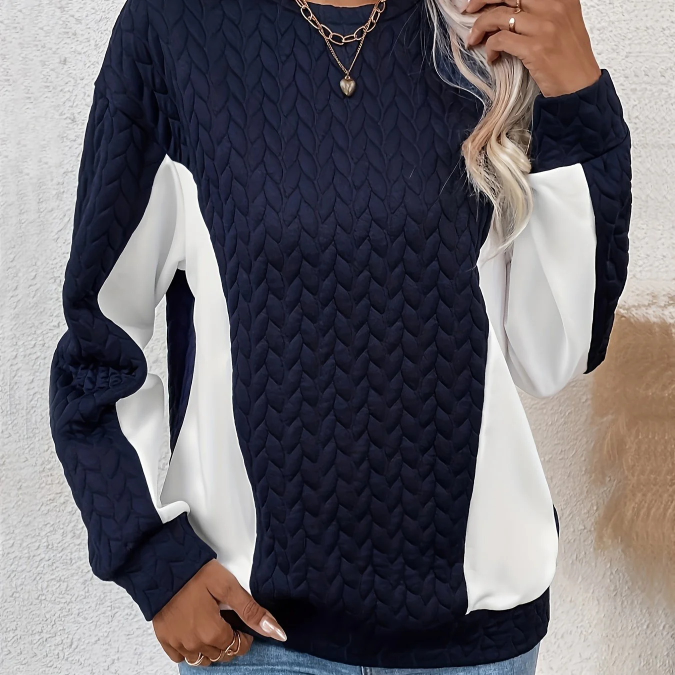 Color Block Pullover Cable Sweatshirt, Casual Long Sleeve Crew Neck Sweatshirt For Fall & Winter, Women's Clothing - Deanwangkt