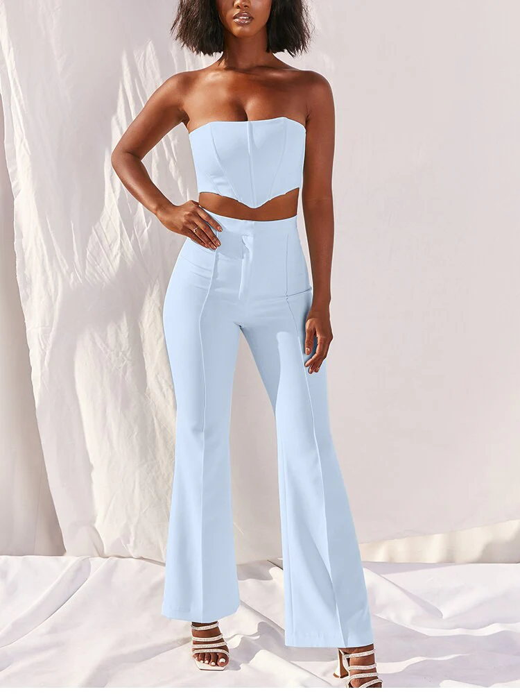 deanwangkt  Boned Corset Crop Top Two Piece Pants Set Women Strapless High Waist Flare Trousers 2 Piece Set Summer Long Suit Tracksuit - Deanwangkt