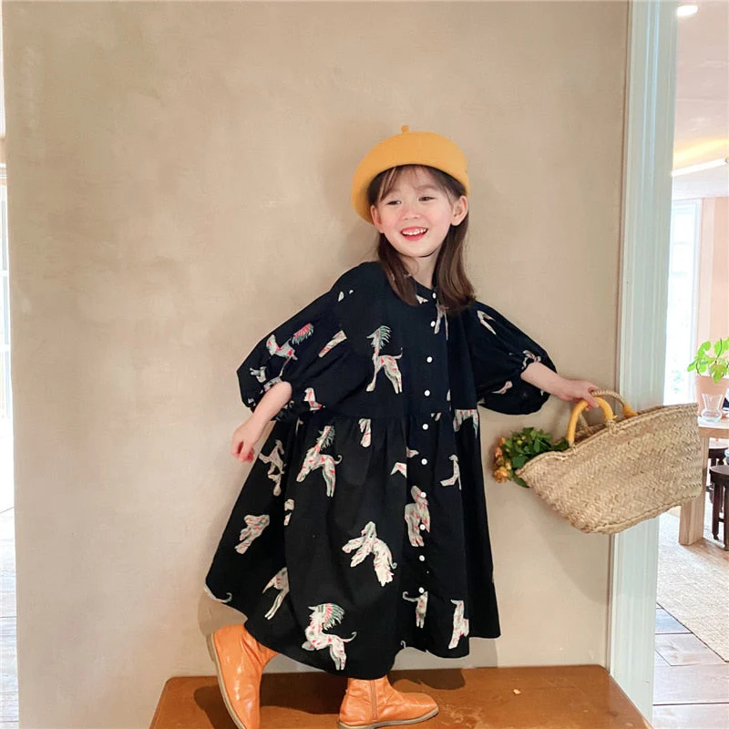 deanwangkt  Spring autumn kids colorful pony printing oversized long dress for girls cotton loose puff sleeve high quality dresses - Deanwangkt