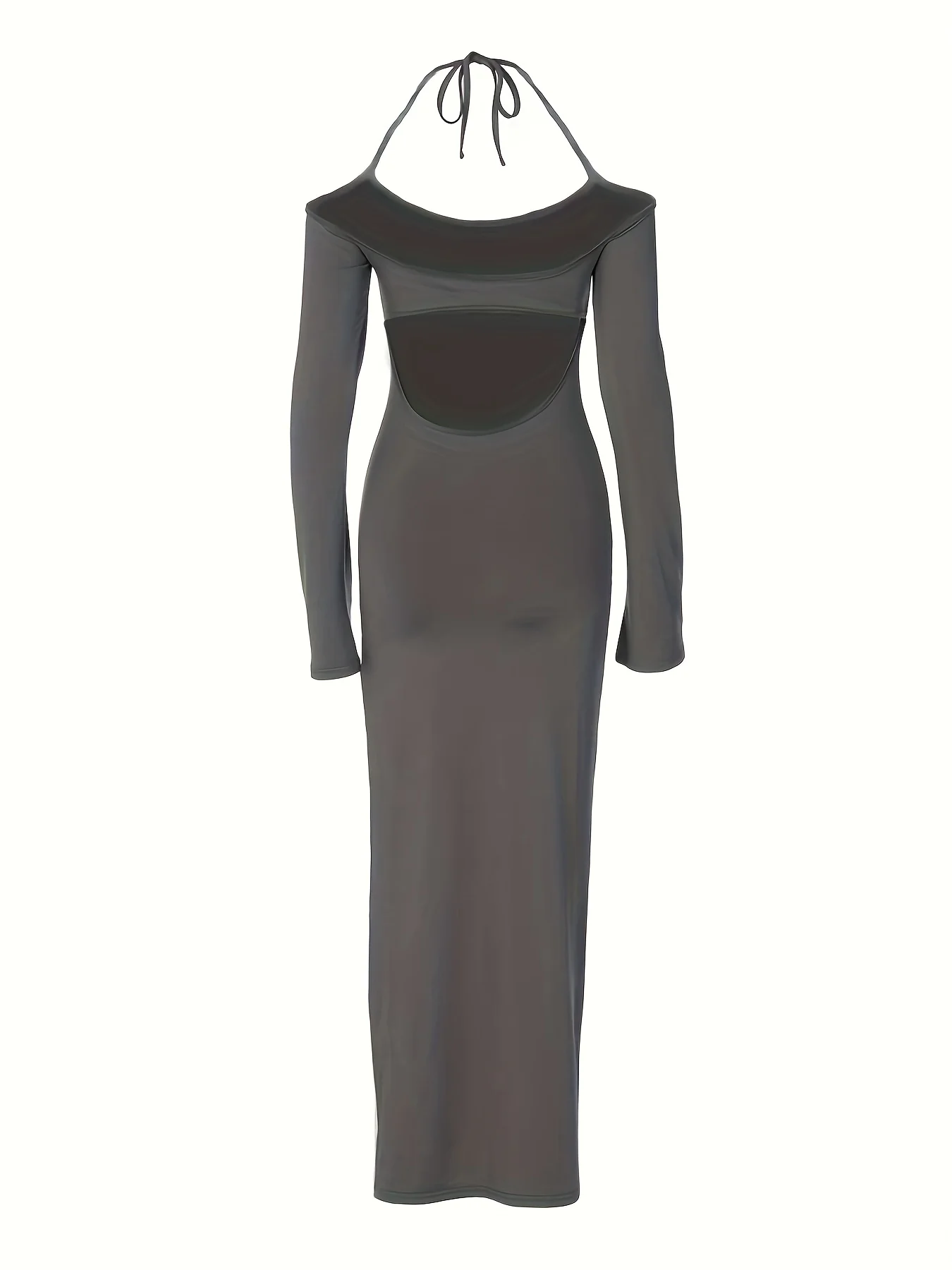 Halter Neck Backless Dress, Party Wear Split Thigh Long Sleeve Solid Dress, Women's Clothing - Deanwangkt