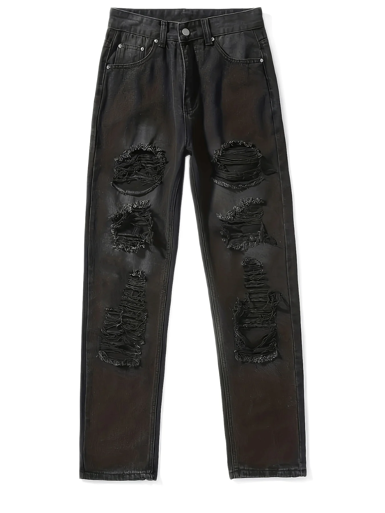 deanwangkt  Plain Ripped Holes Straight Jeans, Loose Fit Distressed Slant Pockets Denim Pants, Women's Denim Jeans & Clothing - Deanwangkt