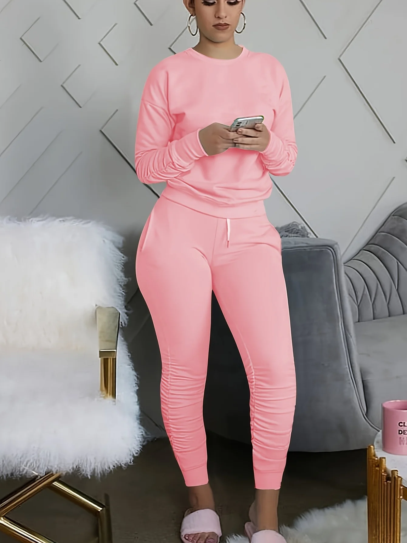 deanwangkt-1  Casual Workout Solid Pantsuits Two-piece Set, Long Sleeve Round Neck Tops & Fashion Pocket Pants Set, Women's Clothing - Deanwangkt