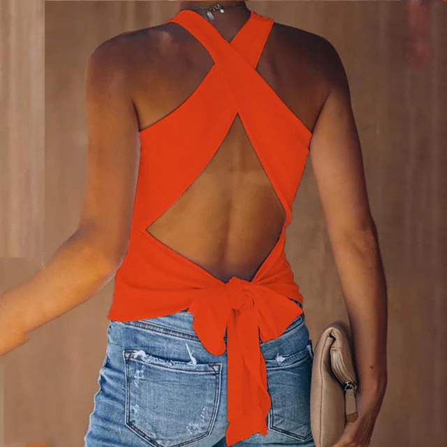 deanwangkt Summer Women Tank Top Casual Sleeveless Vest Tops Open Back Knotted Design Top Backless Bowknot Design Sexy Top Tank Tops - Deanwangkt