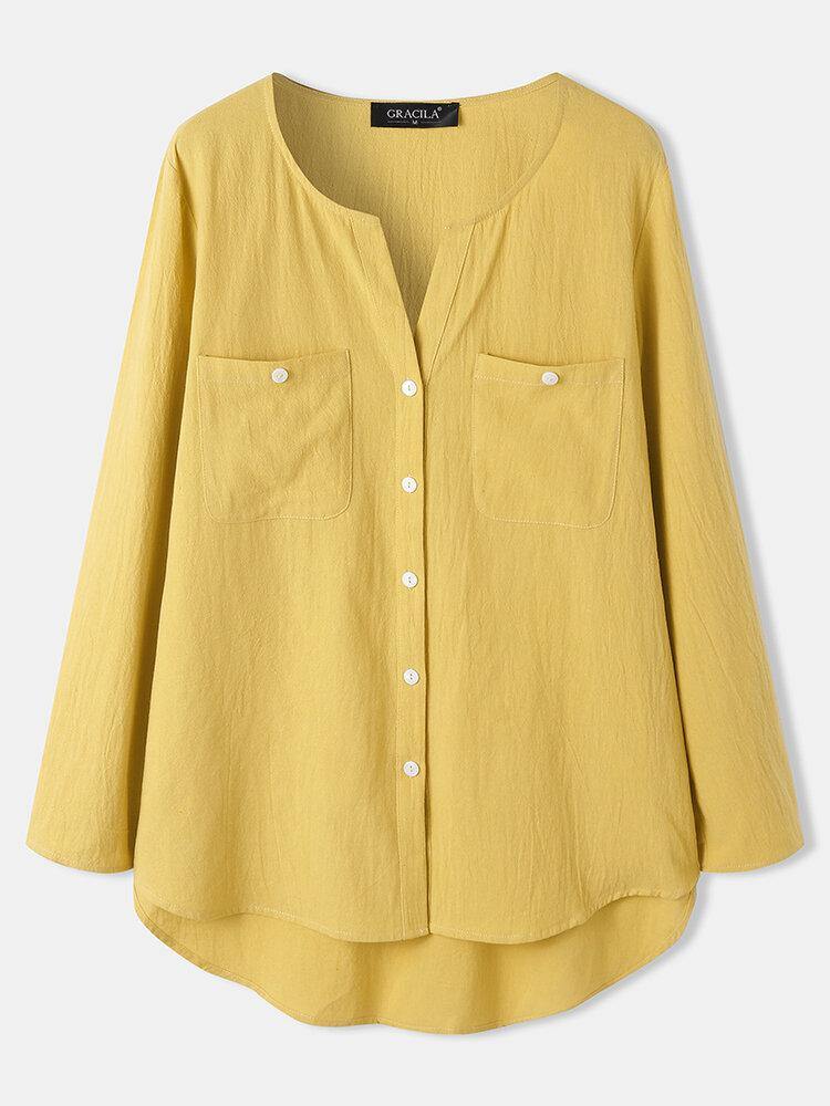 deanwangkt Women Mustard Yellow V-neck Front Pocket Design Long Sleeve Casual Shirts - Deanwangkt