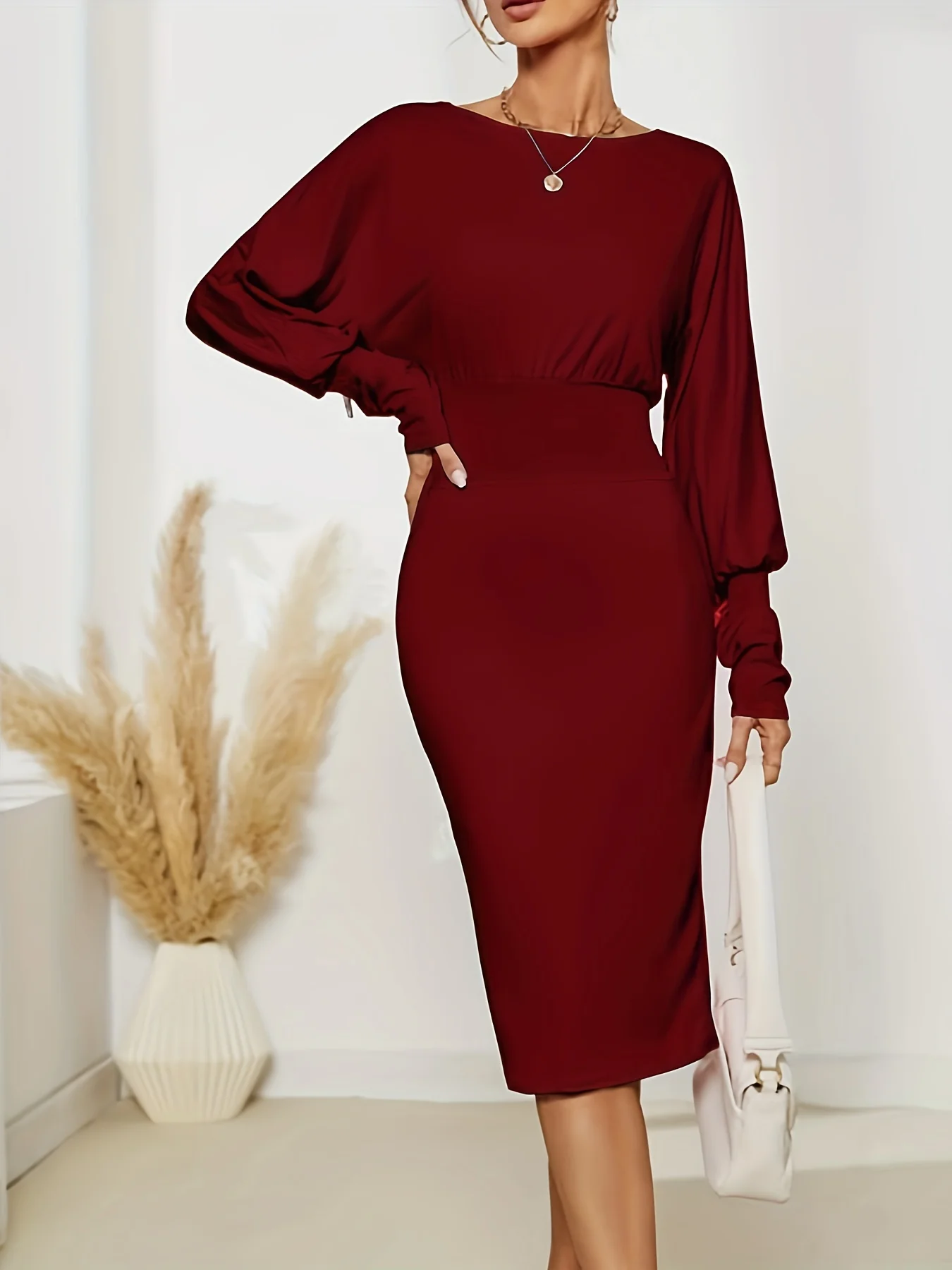 Solid Batwing Sleeve Slim Dress, Elegant Boat Neck Cinched Waist Dress, Women's Clothing - Deanwangkt