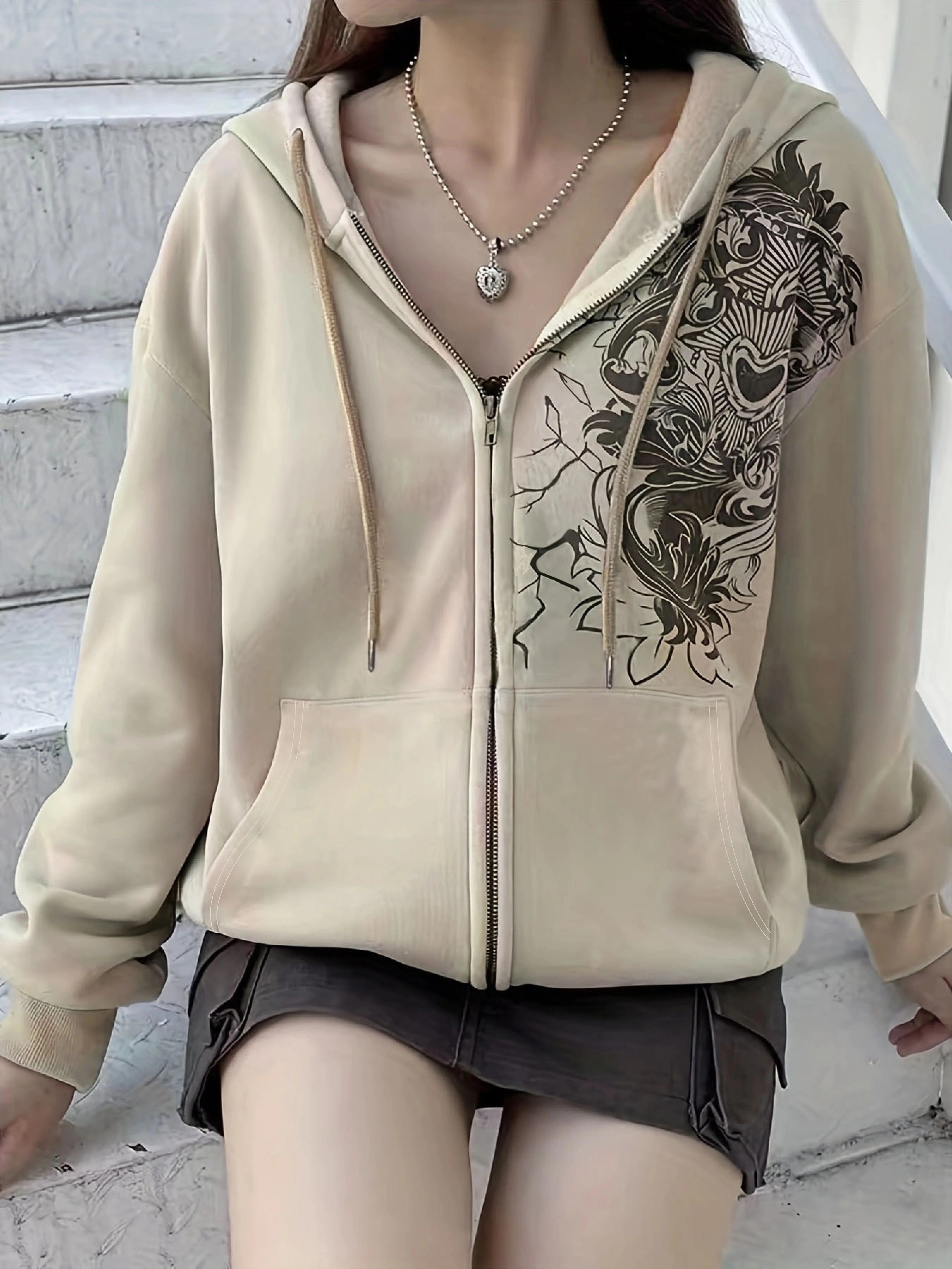 Graphic Print Zip Up Pocket Hoodie, Y2K Long Sleeve Drawstring Hoodies Sweatshirt, Women's Clothing - Deanwangkt